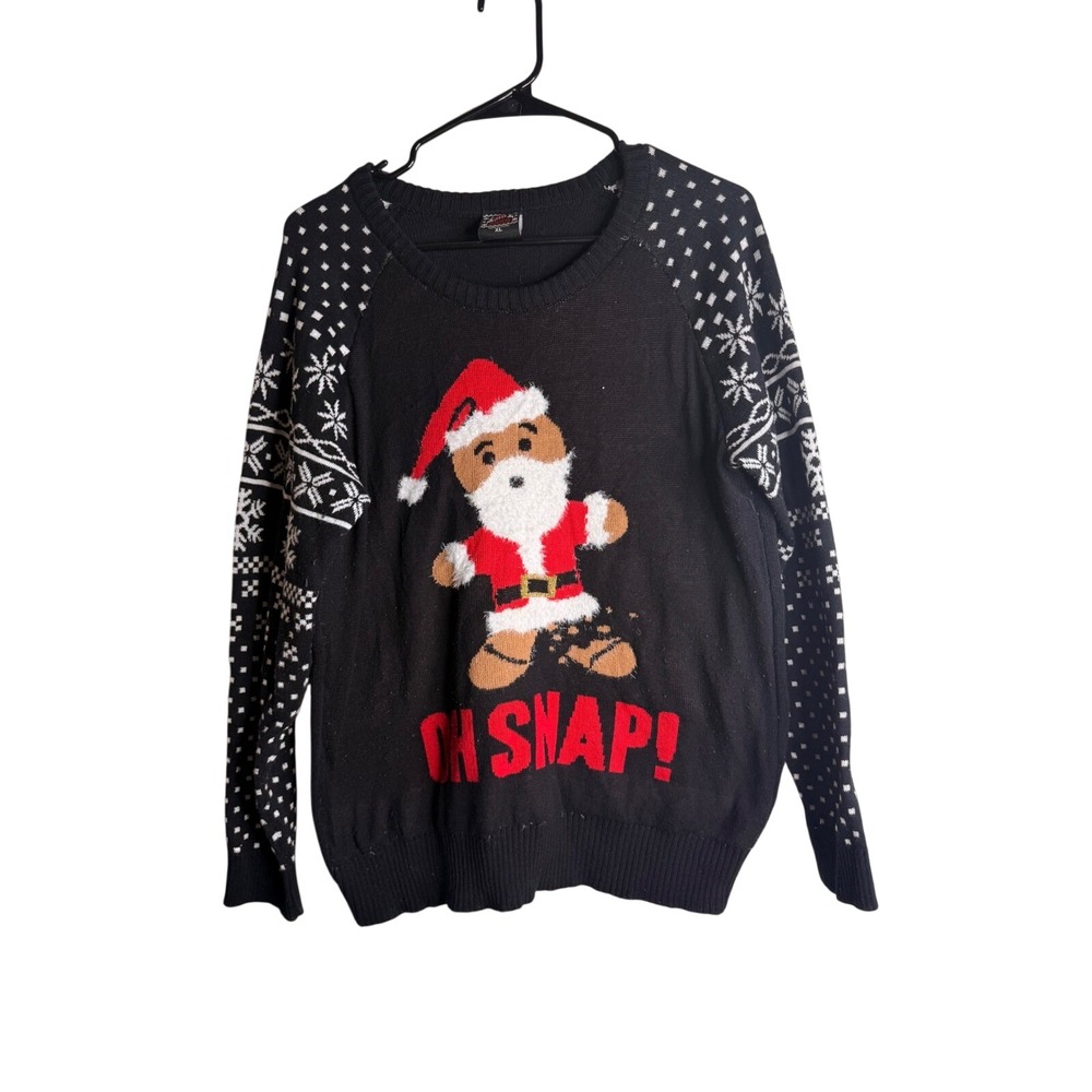 Well Worn Ugly Christmas Sweater Gingerbread Oh Snap Men's Crewneck Black XL
